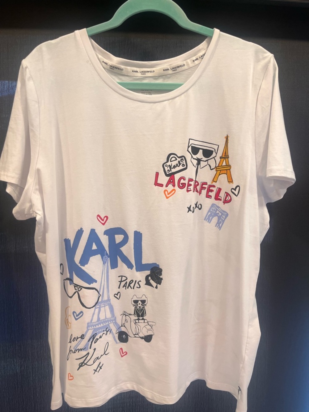 Karl Lagerfeld White Graphic Tee with Blue, Gold and Pink Accents